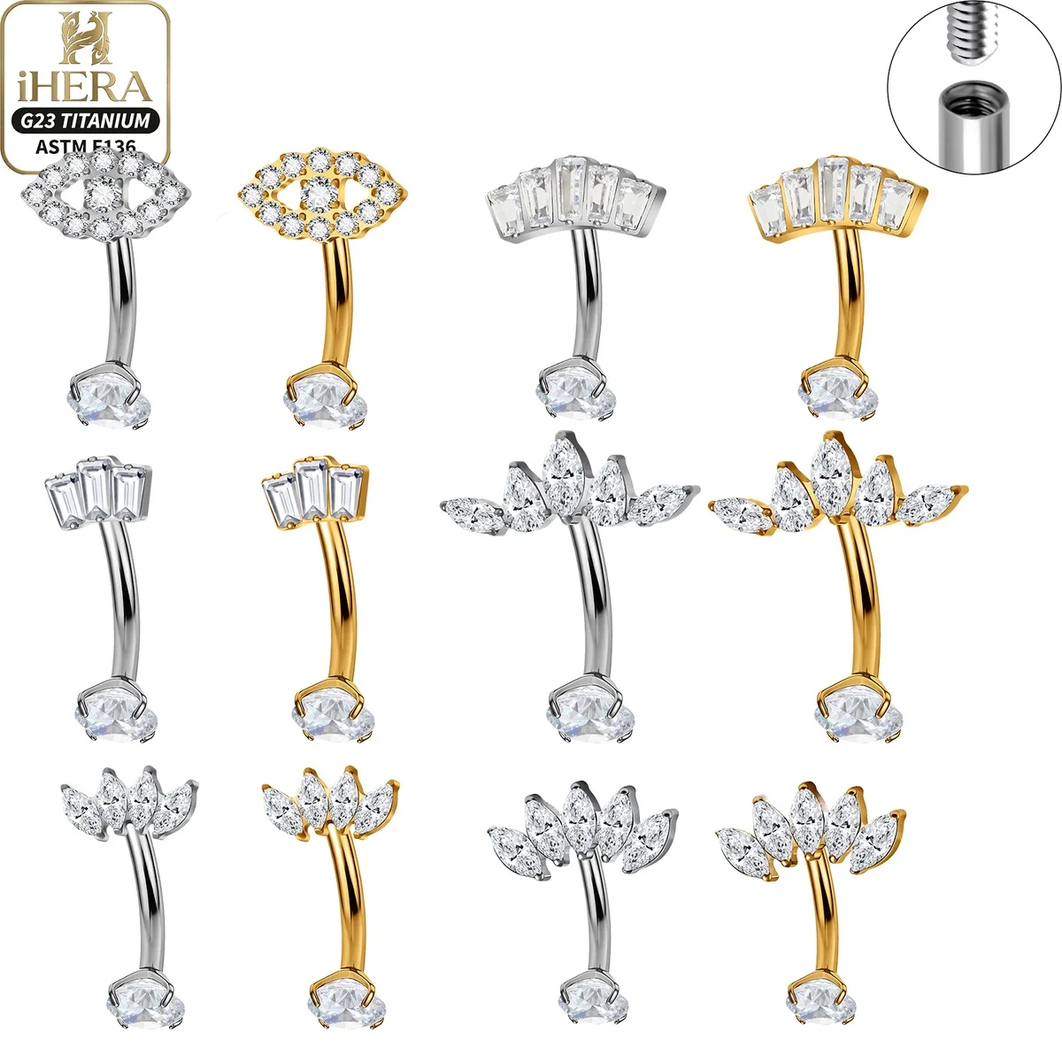 Classic Basic G23 Titanium Sparkly CZ Fan Baguette Curved Barbell Floating Navel Belly Button Rook Snug Eyebrow Piercing Set