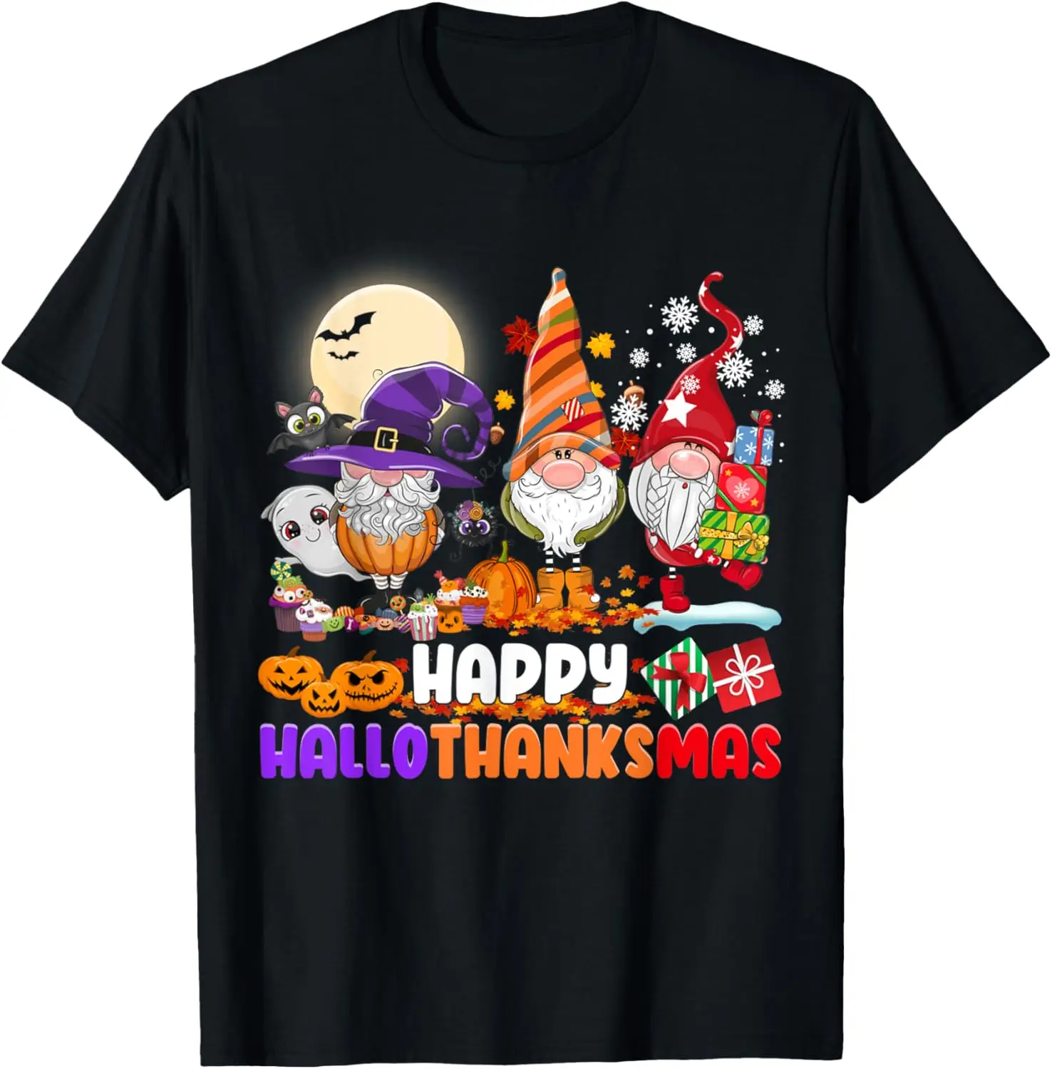 HAPPY HALLOTHANKSMAS GNOME Halloween Thanksgiving Christmas T-Shirt