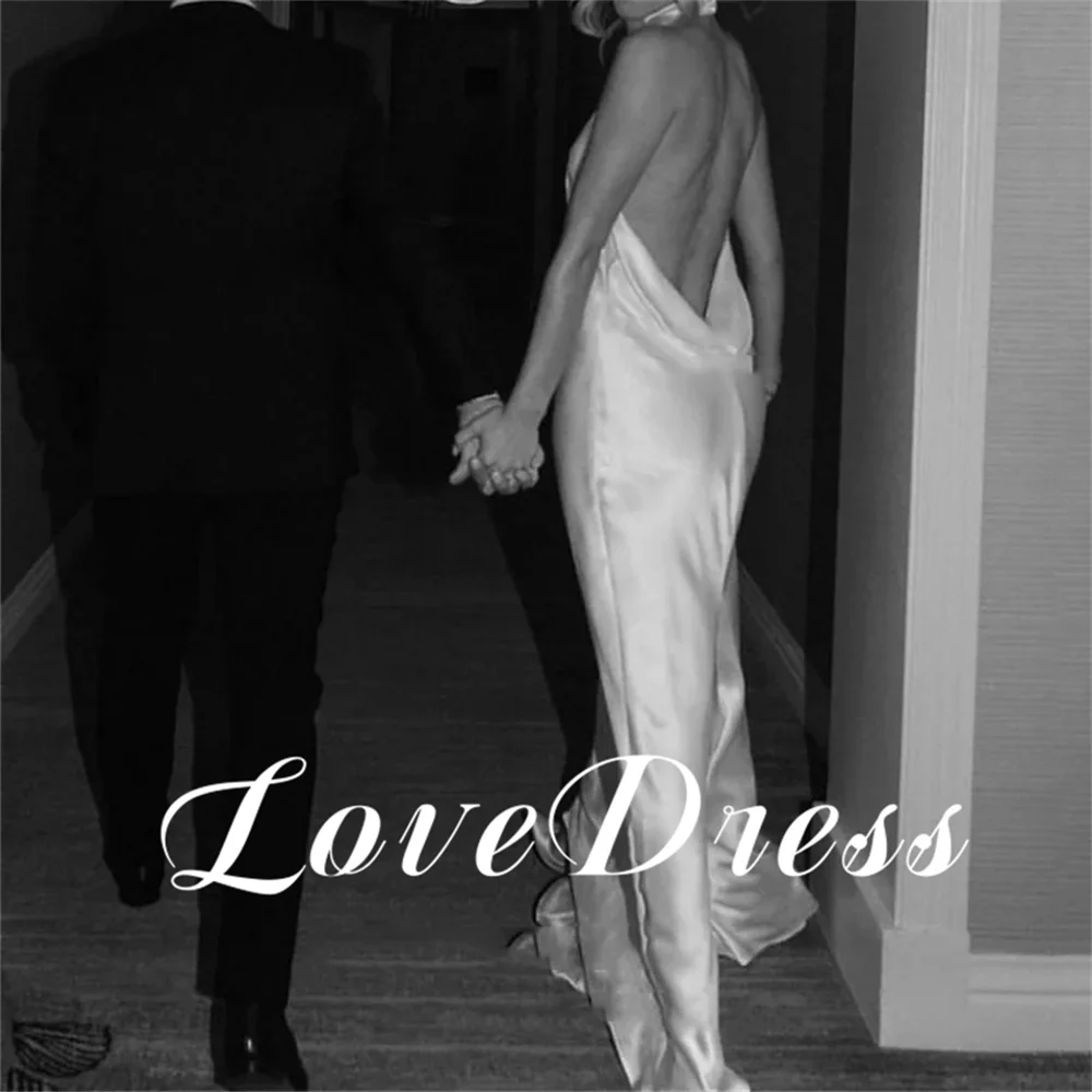 Customized Love Sexy Halter Soft Stain Meimaid Open Back Wedding Dress Simple Floor Length Sleeveless High Neck Robe de mariée