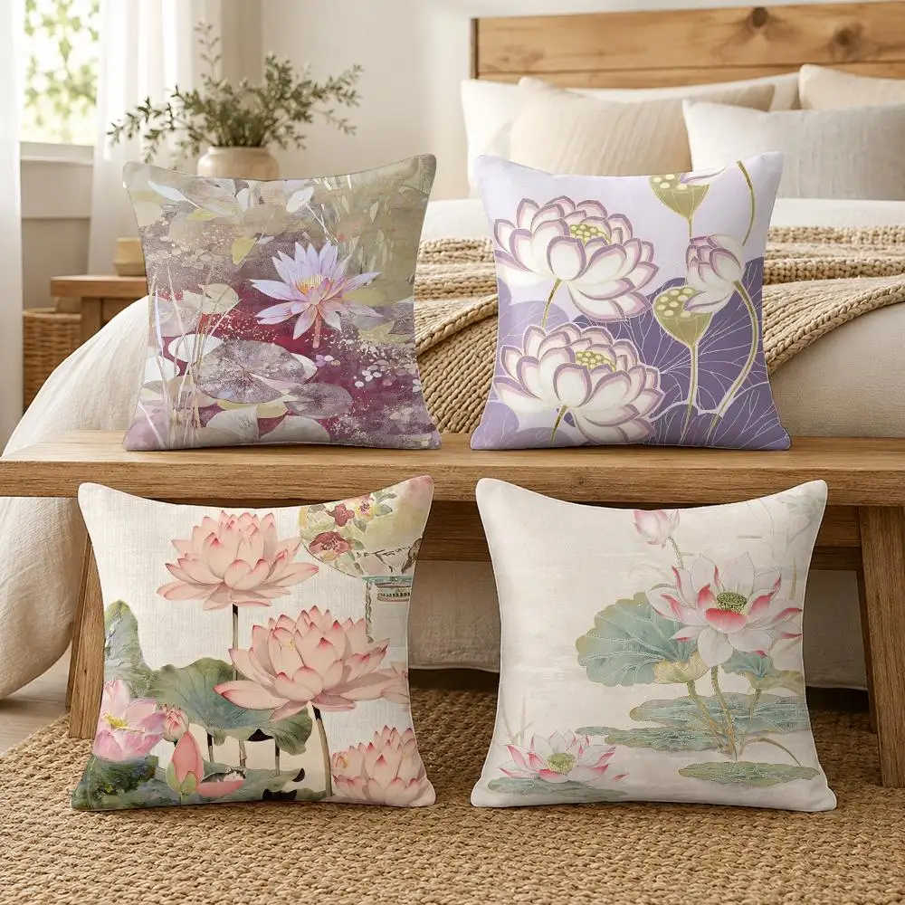 Lotus Botanical Art Cushion Cover Soft Short Plush Pillow Cover Smooth Cozy Texture Cushion Case Home Decor