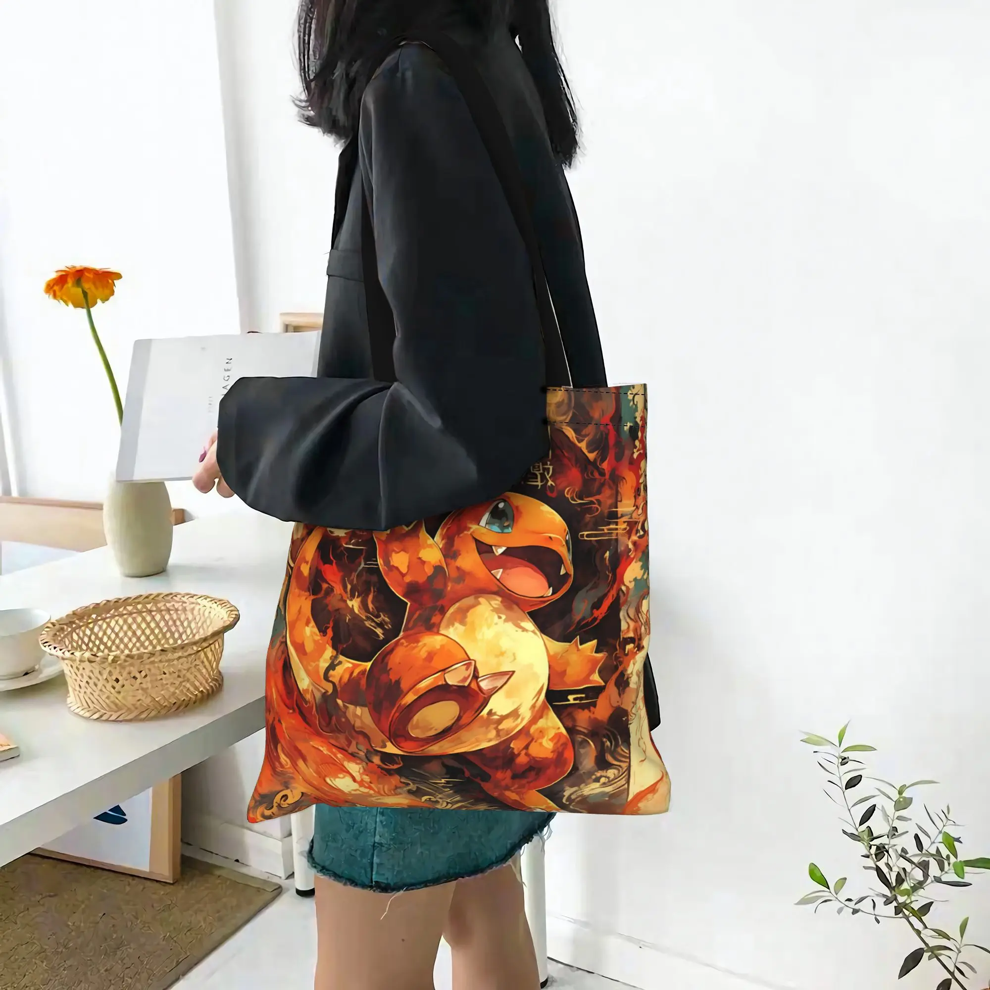 Customized Pokemon Theme Charmander Fire Women's Bag Shopping Bag Reusable Double Sided Canvas Tote Bag Shoulder  Handbag
