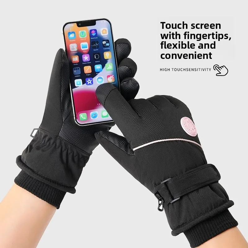 Peach Heart Cycling Gloves for Women, Warm, Windproof, Waterproof, Touchable Screen, Thick Velvet, Cold Proof Cycling