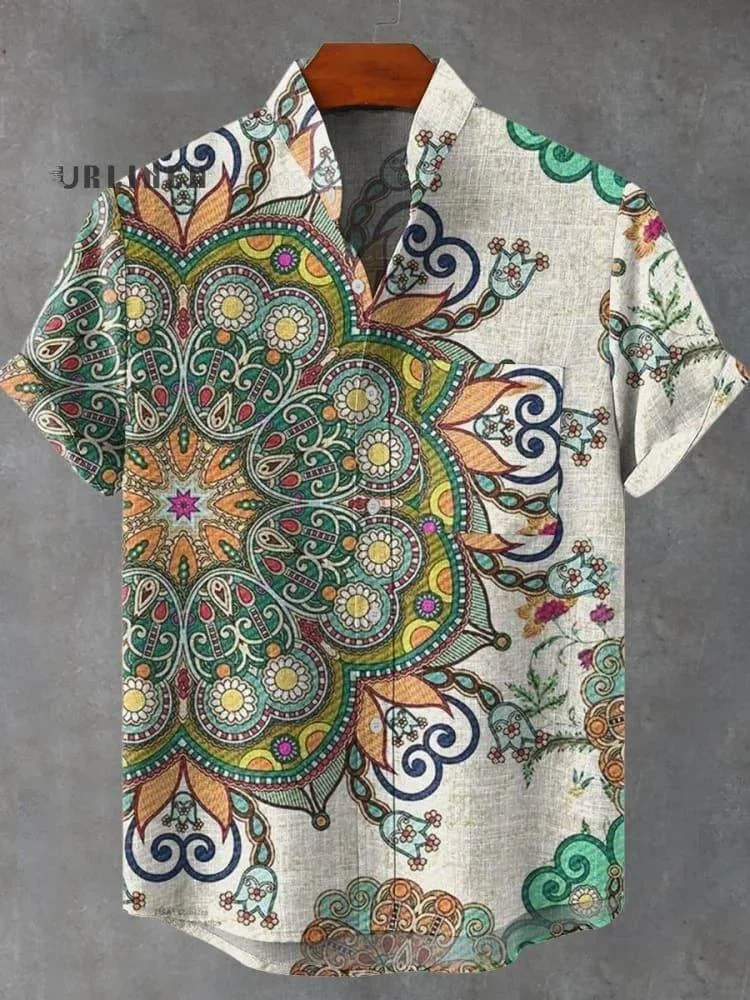 

Summer new retro black mandala retro pattern art 3D printing casual fashion linen men's short sleeved shirt