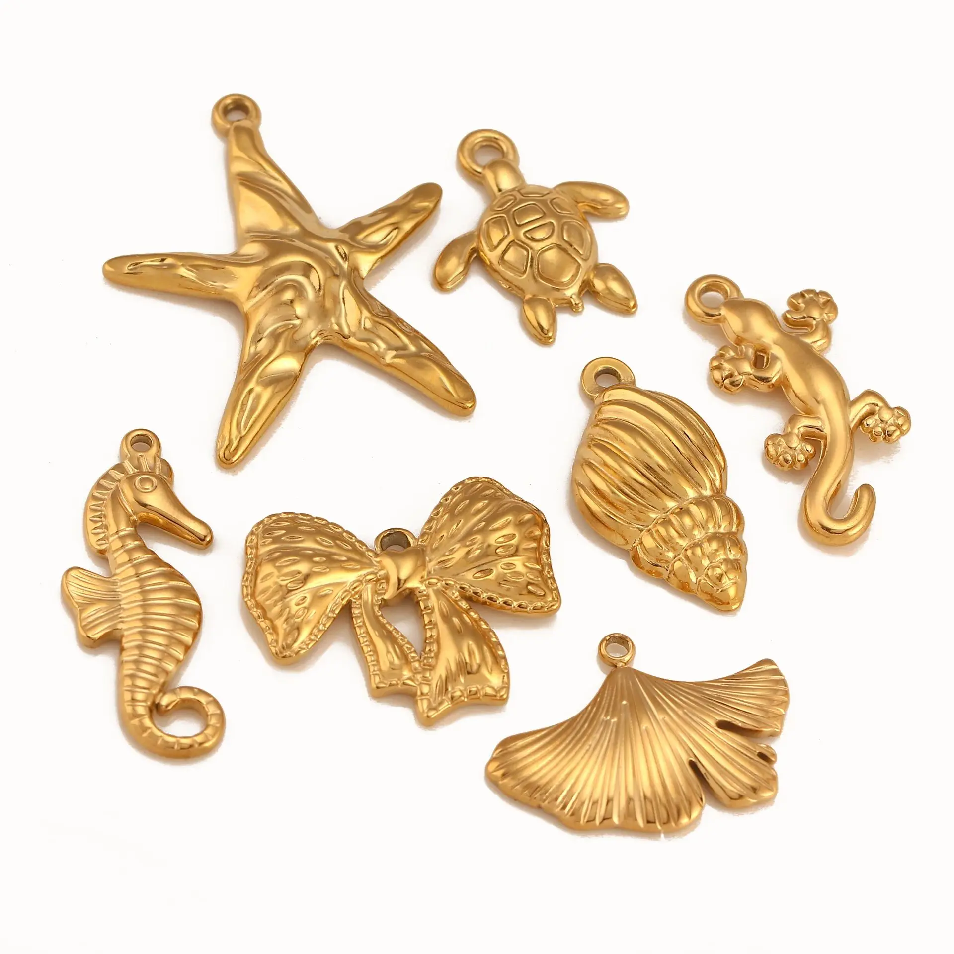 3Pcs/Lot Seashell/Starfish/Lizard Charms Stainless Steel Marine Animal Sea Life Pendants 18K Gold Color Plated DIYJewelry Making