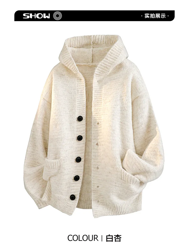 Neuer Herren-Cardigan mit Kapuze für Herbst und Winter, lockerer Strickpullover, warme Streetwear-Jacke für Studenten, weiches, lässiges Hemd für den Alltag, Herrenmode – Detail 5