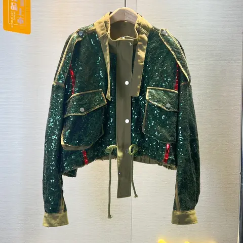 Retro Women Work Tooling Sequined Coat Short Spring Autumn Sequined Pockets Bomber Jacket Ins Zippers Stand Collar Cardigan Tops