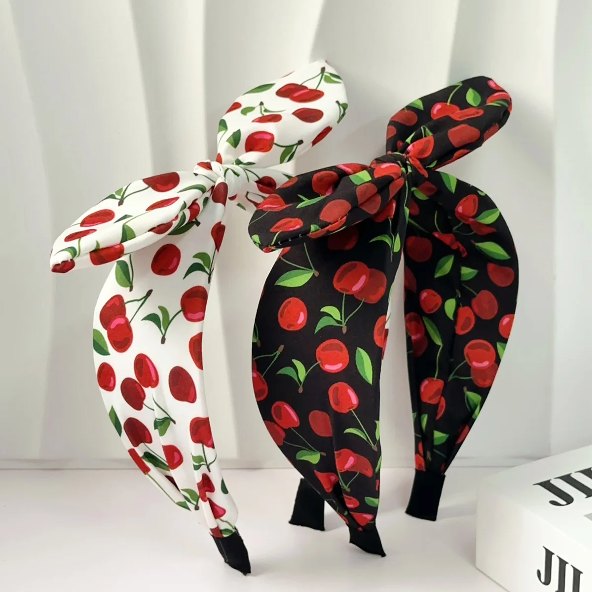 1pc Cherry Print Bow Headband Wide Bunny Ear Hair Hoop for Women Sweet Cute Daily Outing Non Slip Fashion Accessory