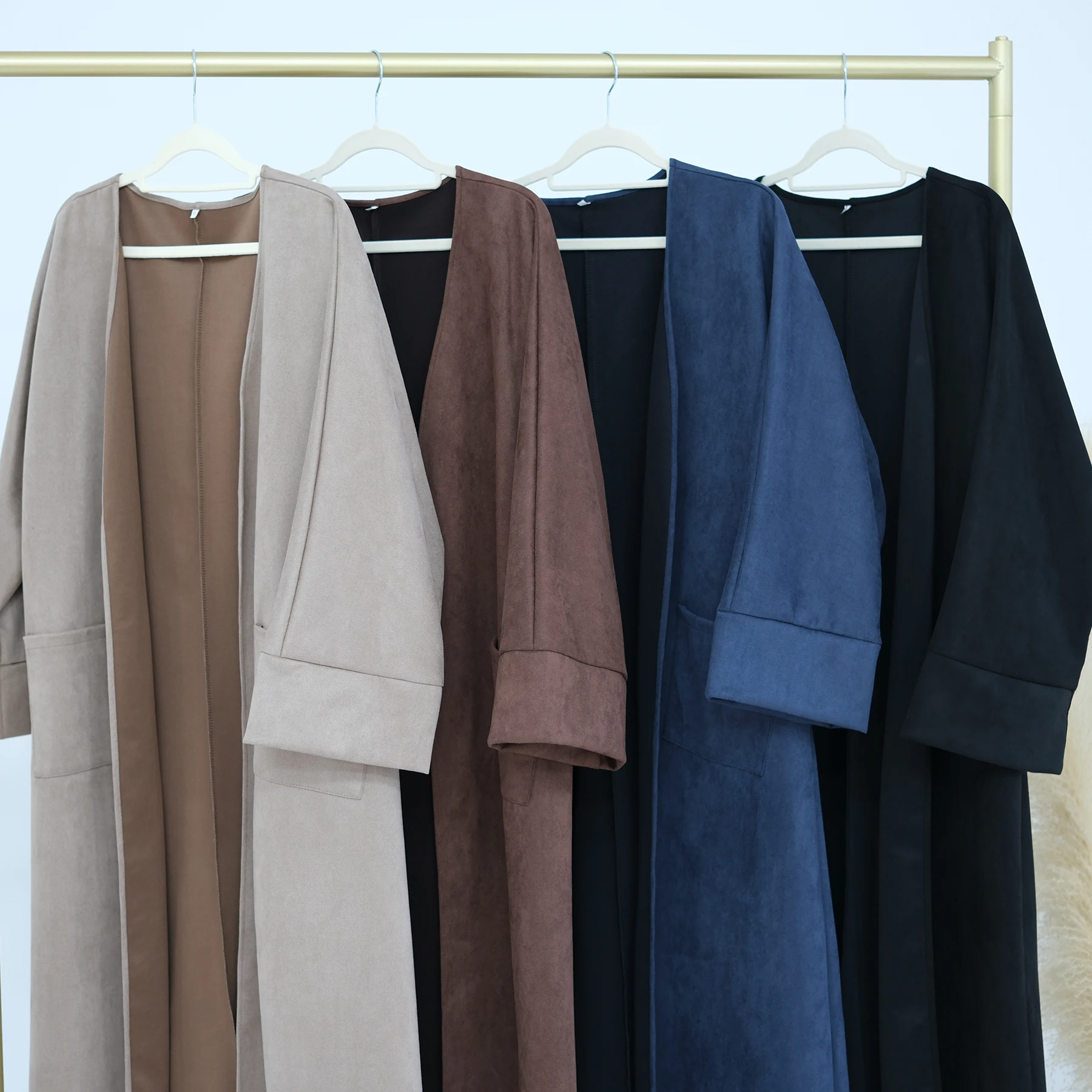 Autumn Patch Pockets Suede Abayas for Muslim Women, Warm Trench Coat, Dubai Turkish Islamic Hijabi Robe, Modest Outfit, Ramadan