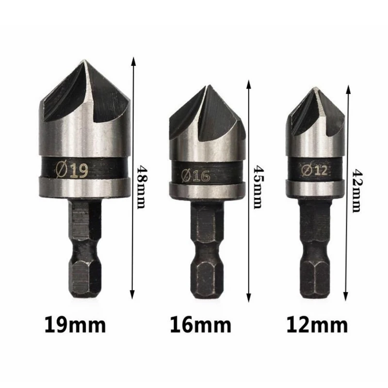 12/16/19mm Countersink Boring Drill Bit Set for Wood Metal Hex Shank Woodworking Chamfer Drill Bit Cutter Metal Drilling Bits