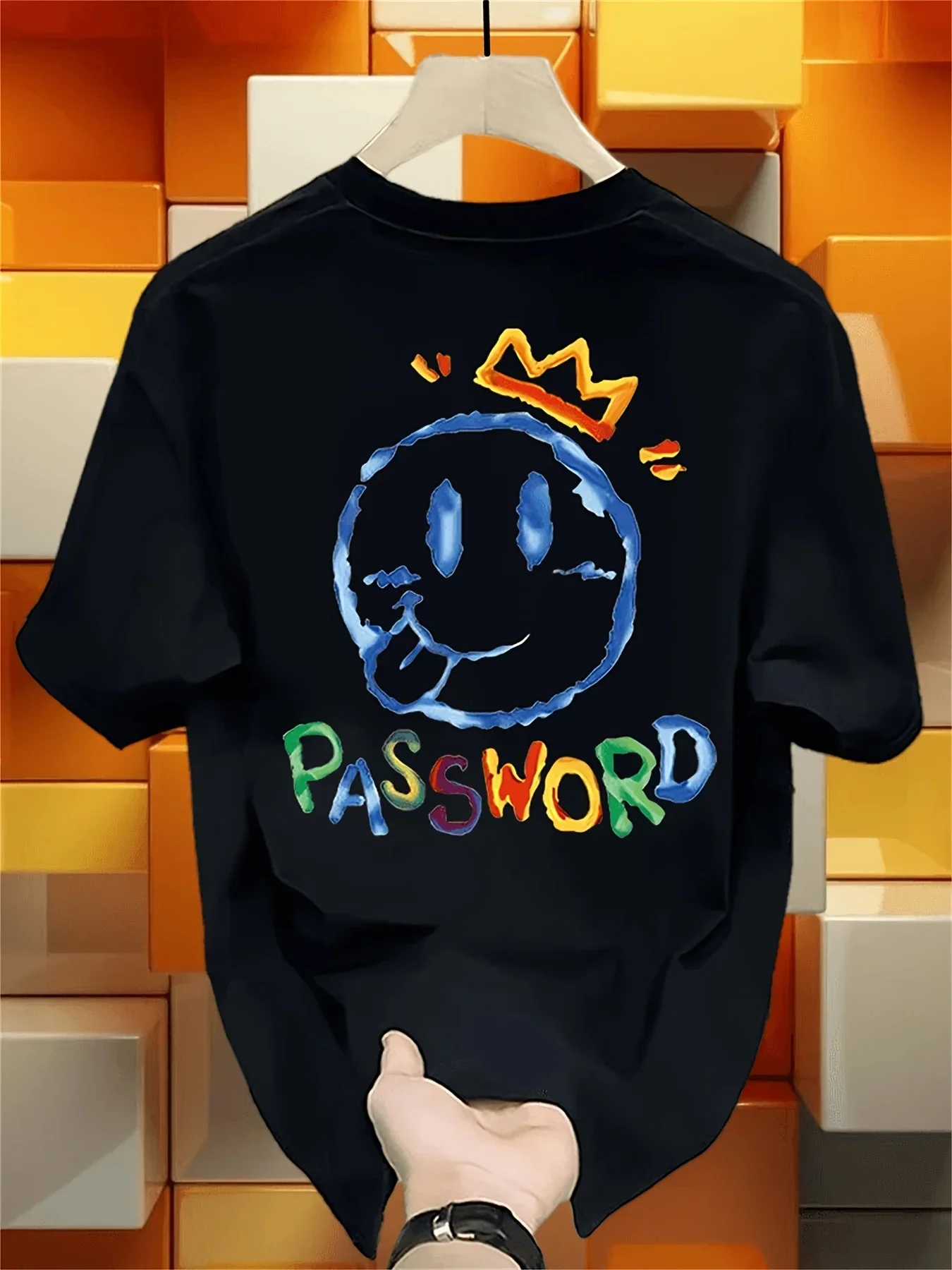Tie‑dye Multicolor Hand‑painted Font Crown Chest Print Smiley Back‑print T‑Shirt Casual Black Oversized Unisex Tees