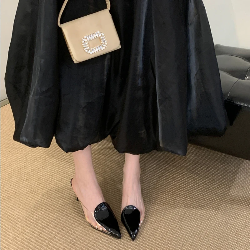 

7cm Stiletto Pumps Woman Heels Black Pointed Toe Slippers Summer PVC Mules Shoes Casual Ladies High Heels Slingback Femme