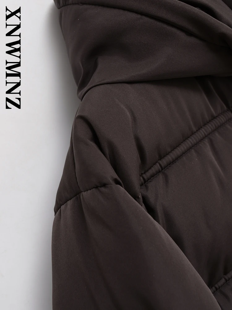 XNWMNZ 2025 الخريف بسيط التنقل مقنعين طوق معطف طويل الأكمام Vintage الشتاء عادية النساء الملابس البني موضة ملابس خارجية #5
