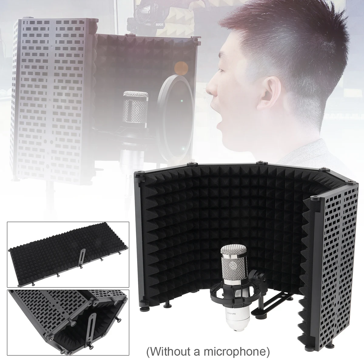 Plastic Microphone Isolation Shield 5 Panel Wind Screen Foldable 3/8& 5/8 Threaded Absorbing Foam for Recording Live Broadcast