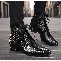 Autumn Genuine Leather Men's boots Chelsea Fashion Rivet Lace-up High quality Bright leather  Pointed shoes Dress Boots