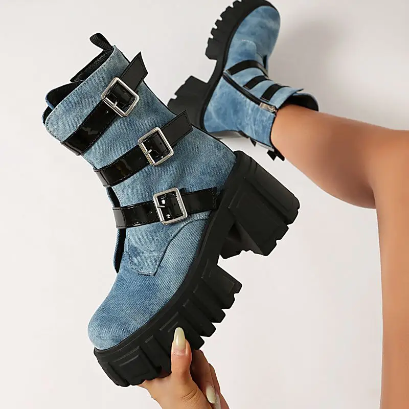 ORCHA LISAFashion New Women Ankle Boots Round Toe 8cm Block Heels 4.5cm Platform Hill Zip Buckle Large Size 41 42 43