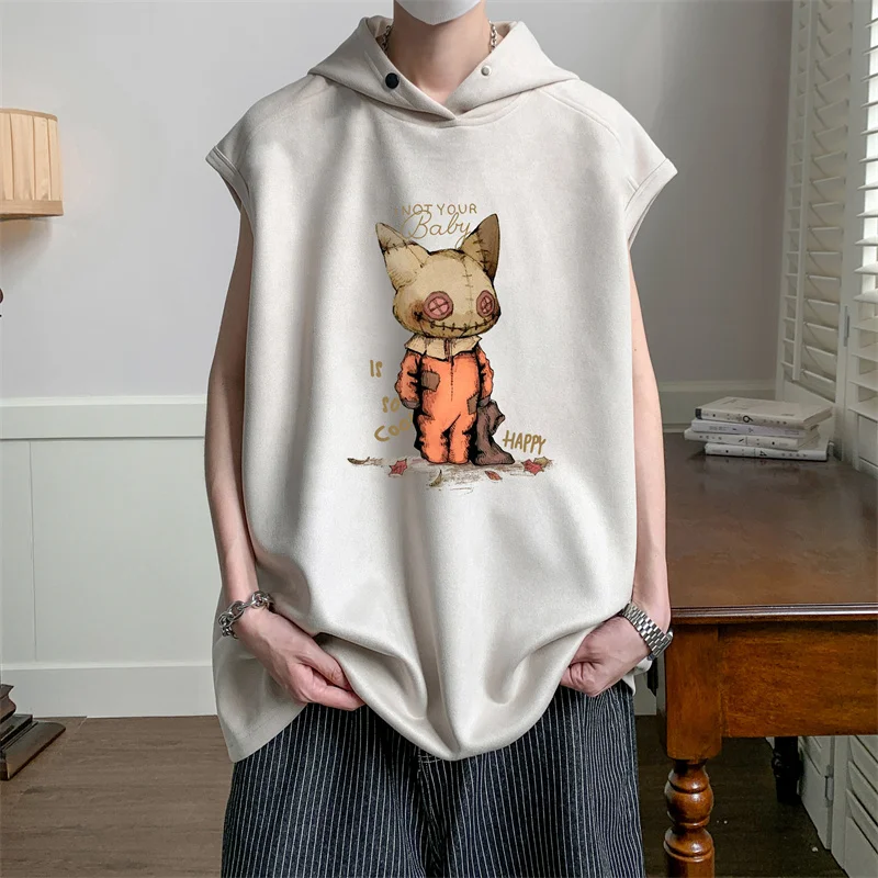 2025 New Anime Graphic Hooded Tank Tops Men's Summer Harajuku Goth Sleeveless Tee Shirts Y2K Streetwear Printed Suede Vest