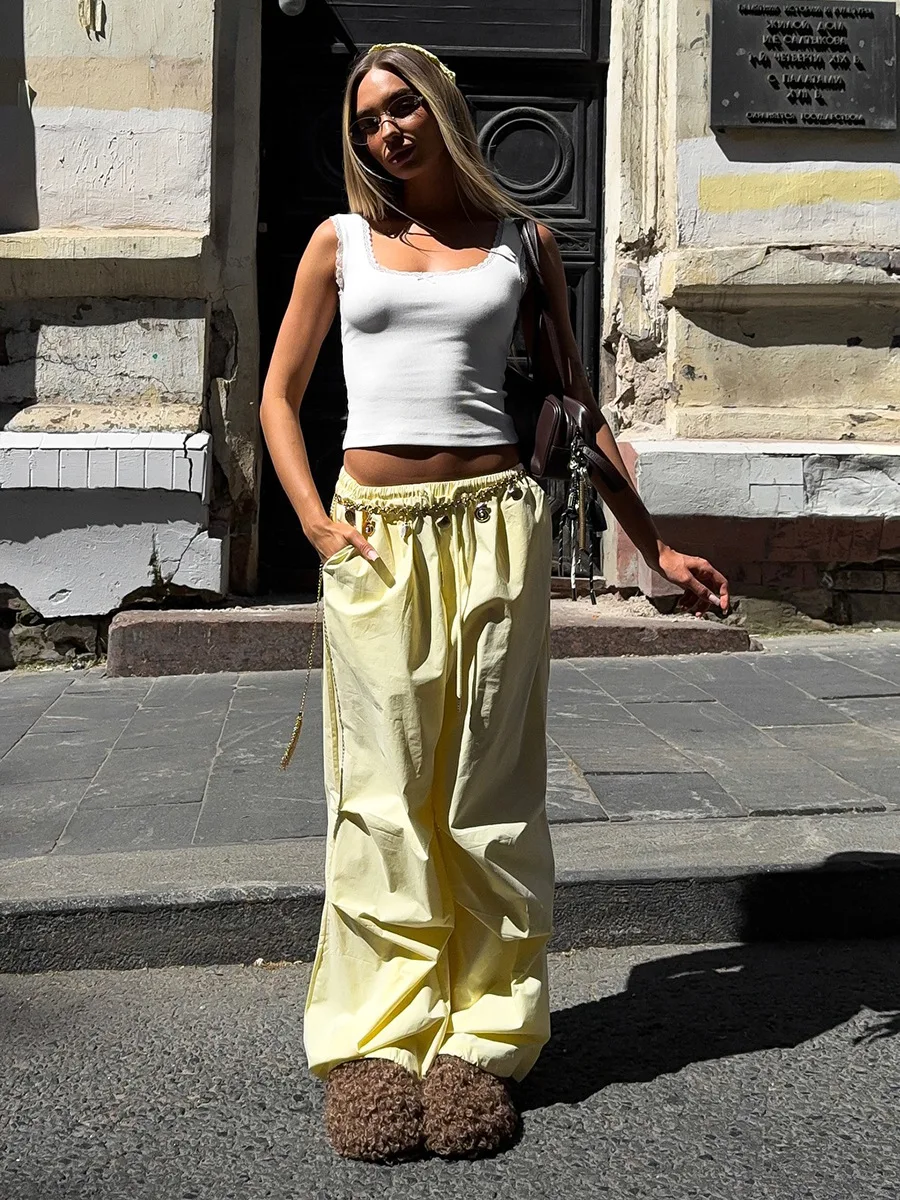 Wolfeel Calça cargo feminina cintura baixa 100% algodão com cordão franzido calças largas bainha elástica outono calças casuais