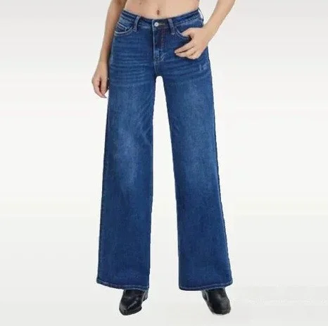 

Loose Casual Leopard Print Women's Jeans Straight Leg mid Stretch Natural Waist Denim Blue Folded Spring 2025