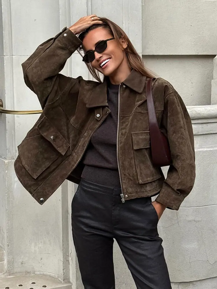 

HH Women Vintage Coffee Brown Overcoat Jacket Long Sleeve Zipper Coats With Pockets Female 2025 Fashion Streetwear Jakcets