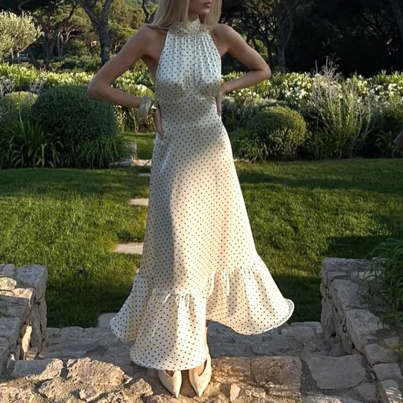 

Polka Dot Ruched Ruffle Sexy Midi Dress Women Gown Fashion Halter Sleeveless Backless High Waist Club Long Dresses