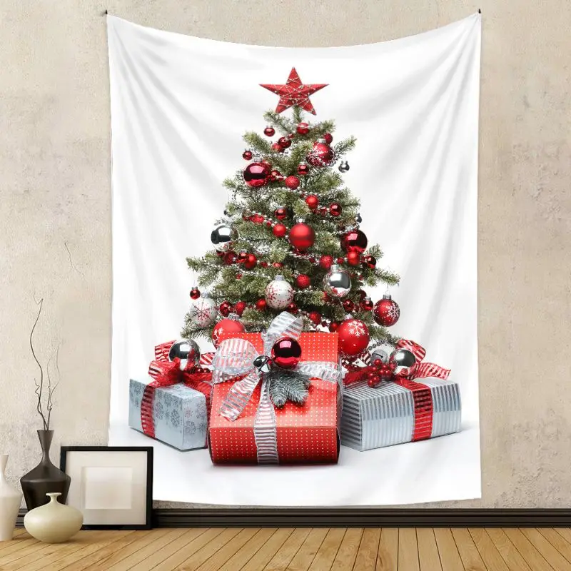 VIKAMA White Christmas Tree Gift Box Wall Tapestry Green Pine Red Silver Ornament Ball Present Bow Holiday Festive Decor Soft