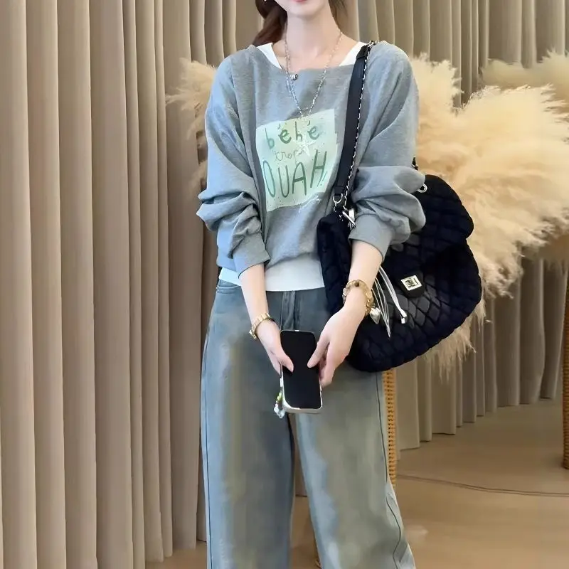 Large Sized Women's Clothing Splicing Two-piece Letter Printed Hoodies For Women Spring Autunm High Street Loose Trendy Top