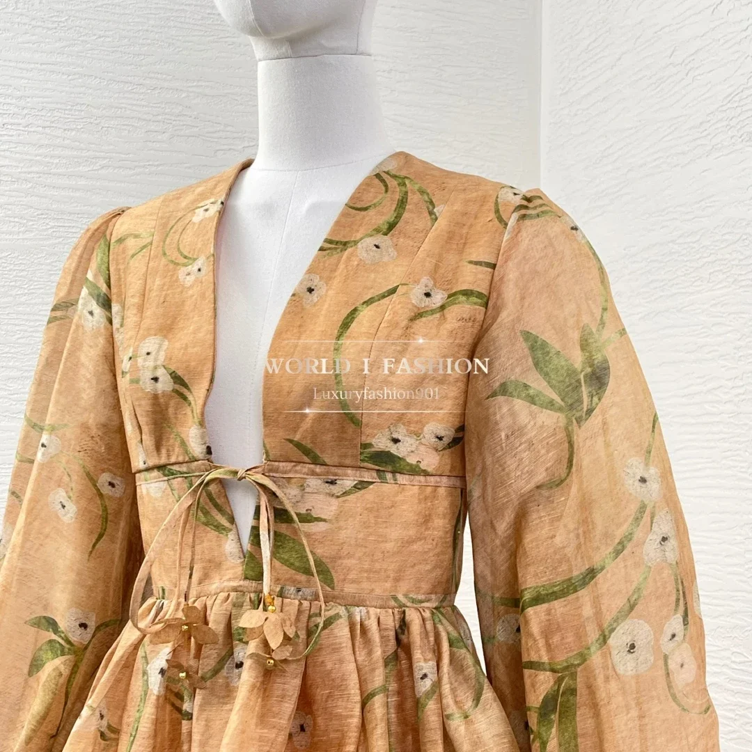 Holiday Style 2025 High Quality Linen Silk Orange Floral Print Long Sleeve V-Neck Pleats Lace-up Women Vintage Mini Dress