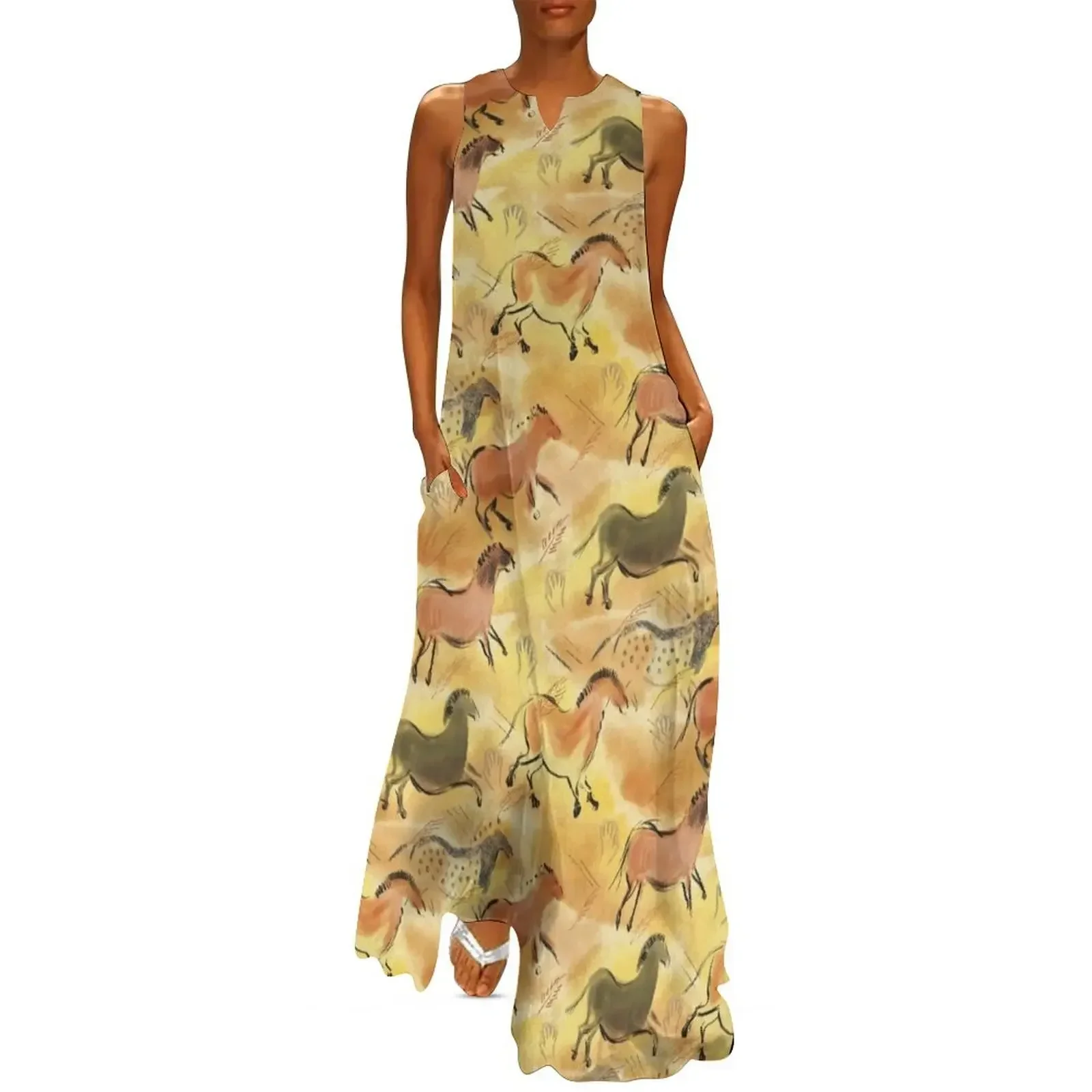 

Paleolithic Cave Horses in Sienna Brown Yellow and Black Long Dress Women's summer dresses Dress