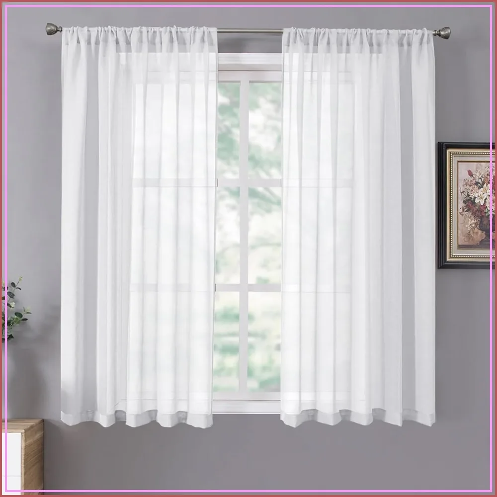 Cortinas Transparentes con Textura de Lino, Voile con Bolsillo para Barra, Filtrado de Luz, 54x45 Pulgadas, Blanco, Juego de 2
