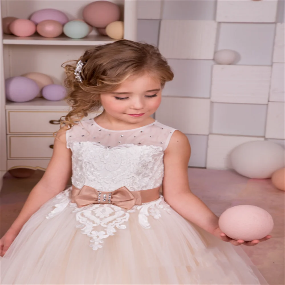 Vestido de renda com apliques para meninas, vestido de primeira comunhão com renda de tule inchado, feito sob encomenda, vestido de baile, princesa, festa de casamento