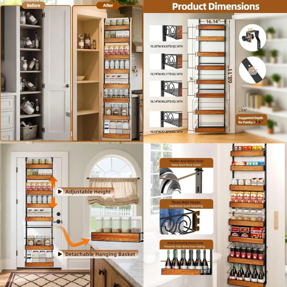 

8-Tier Adjustable Metal Door-Mounted Pantry Organizer with Hanging Spice Rack for Kitchen