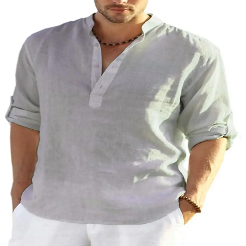 Mens Cotton Linen Shirt Long Sleeve Stand Collar Casual Solid Color Loose Fit Comfortable Soft Breathable Holiday Style