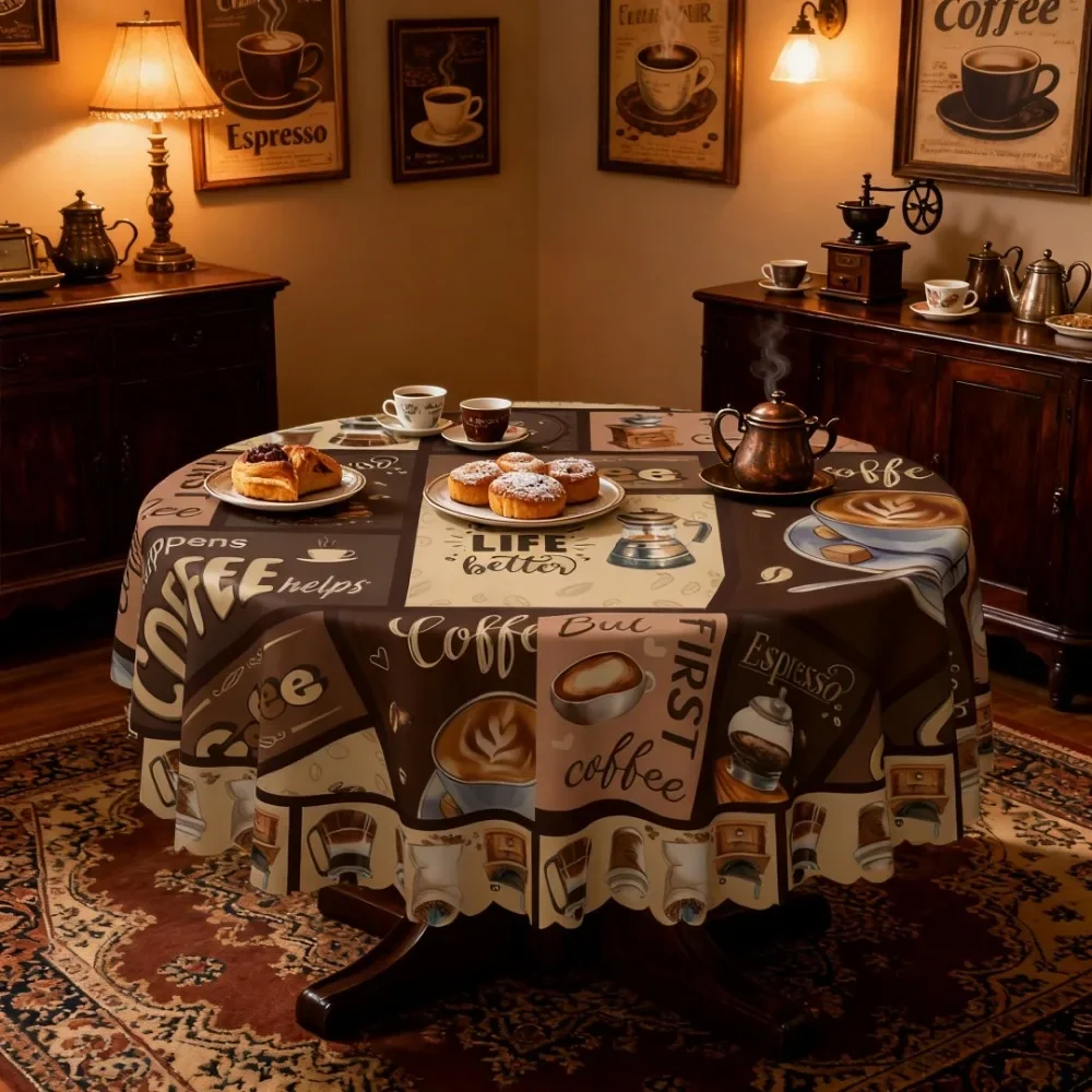 1pc Coffee Theme Vintage Tablecloth - Brown-toned Coffee Pattern Print - Polyester Material - Lightweightxzj