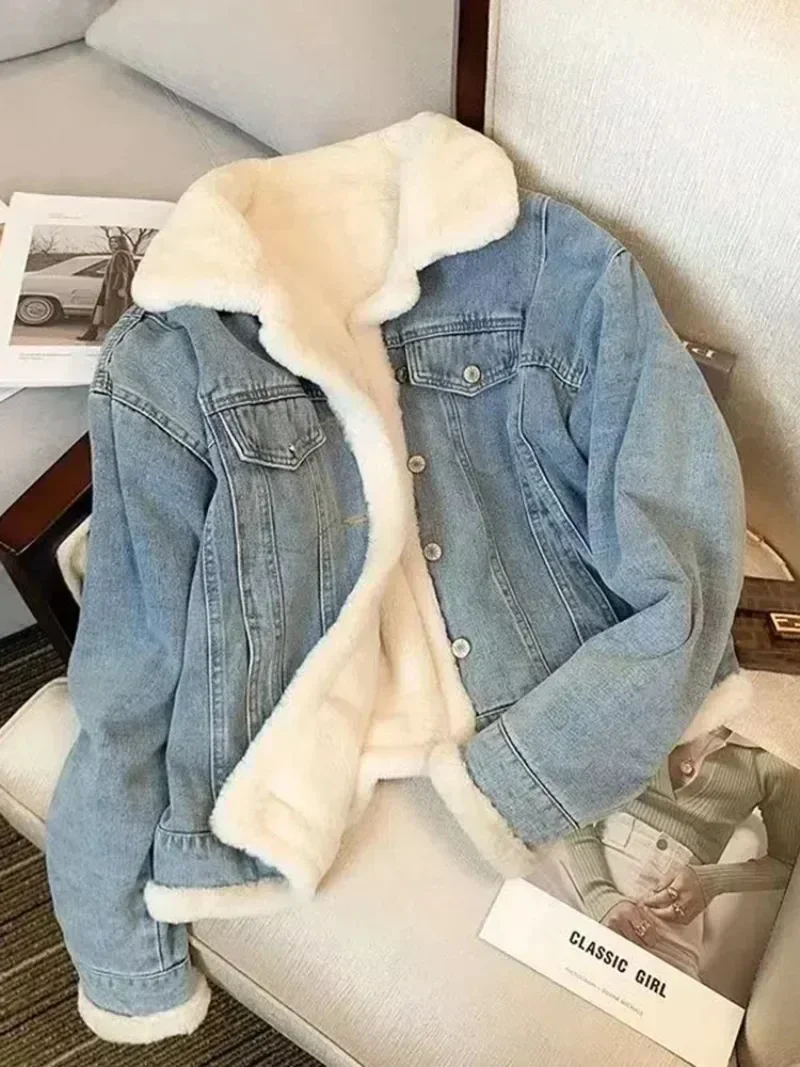 New Winter Fleece Thicken Denim Women Jacket Loose Casual Warm Jeans Coats Wear Fur Collar Long Sleeves Oversized Female Clothes