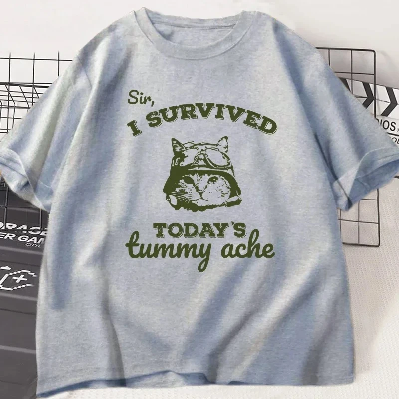 Eu sobreviviu a barriga de hoje, dor na barriga, falta da camiseta, gato engraçado, gatinho, estampa, camiseta feminina, roupas de grife, camiseta gráfica y2k
