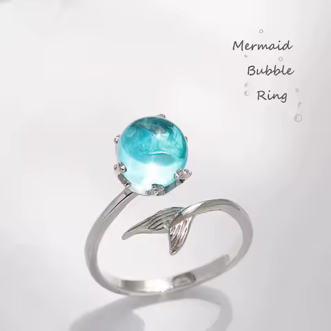 Fashion Blue Mermaid Bubble Fish Tail Ring Silver Plated Adjustable Wrap Rings For Women Girls Jewelry