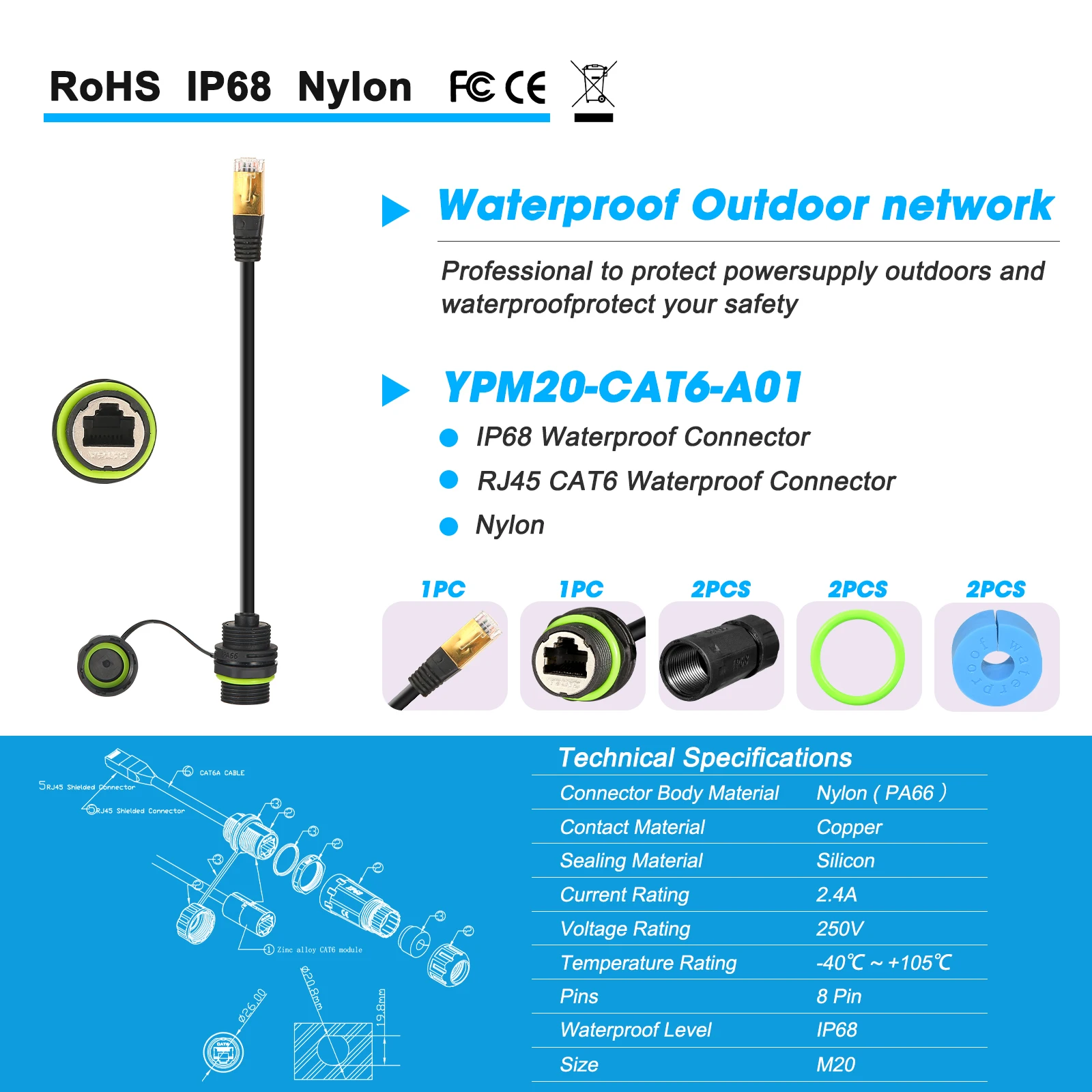 1PC RJ45 8p8c Waterproof Connector, RJ45 male to female, Panel Mount type,zinc alloy body+PA66 plastic+copper contact 250mm