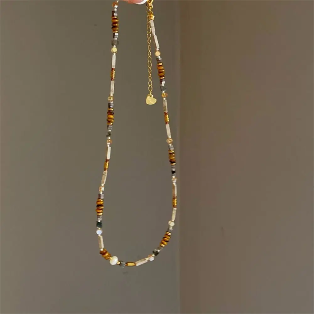 New Round Tiger Eye Stone Retro Artificial Glass Chain Choker Maillard Stackable Neck Jewelry Accessories for Women
