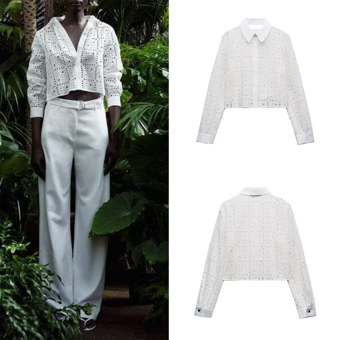 

Модная простая женская рубашка с вышивкой и ажурным воротником, весна 2026, ZADATA, свободный крой, длинный рукав, европейский стиль