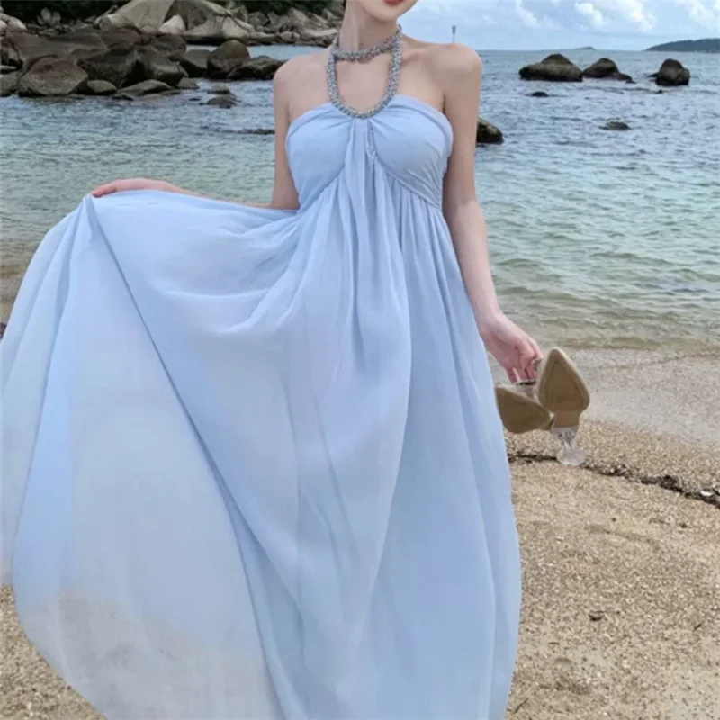 Summer Women Fashion Light Blue Pink Holiday Fairy Long Dress Beads Halter Sexy Backless Maxi Loose Vacation Seaside Beach Dress