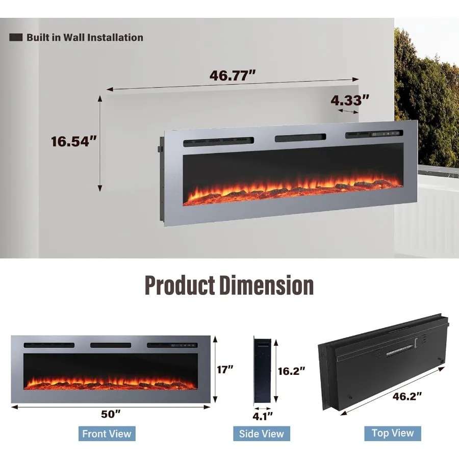 Camino elettrico in acciaio inossidabile Luoghi antincendio da 50 pollici Inserti per caminetto elettrico Camino elettrico da incasso e a parete