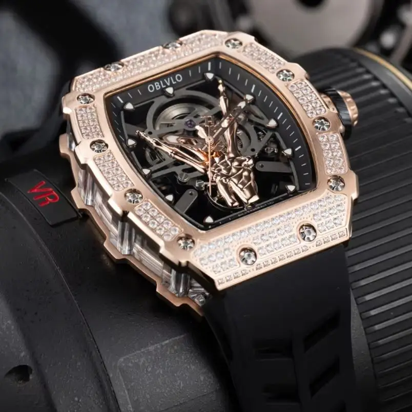 OBLVLO Men Automatic Watch 44mm Tonneau Mechanical Wristwatch Sapphire Mirror Waterproof Luminous Skeleton Finger Dial