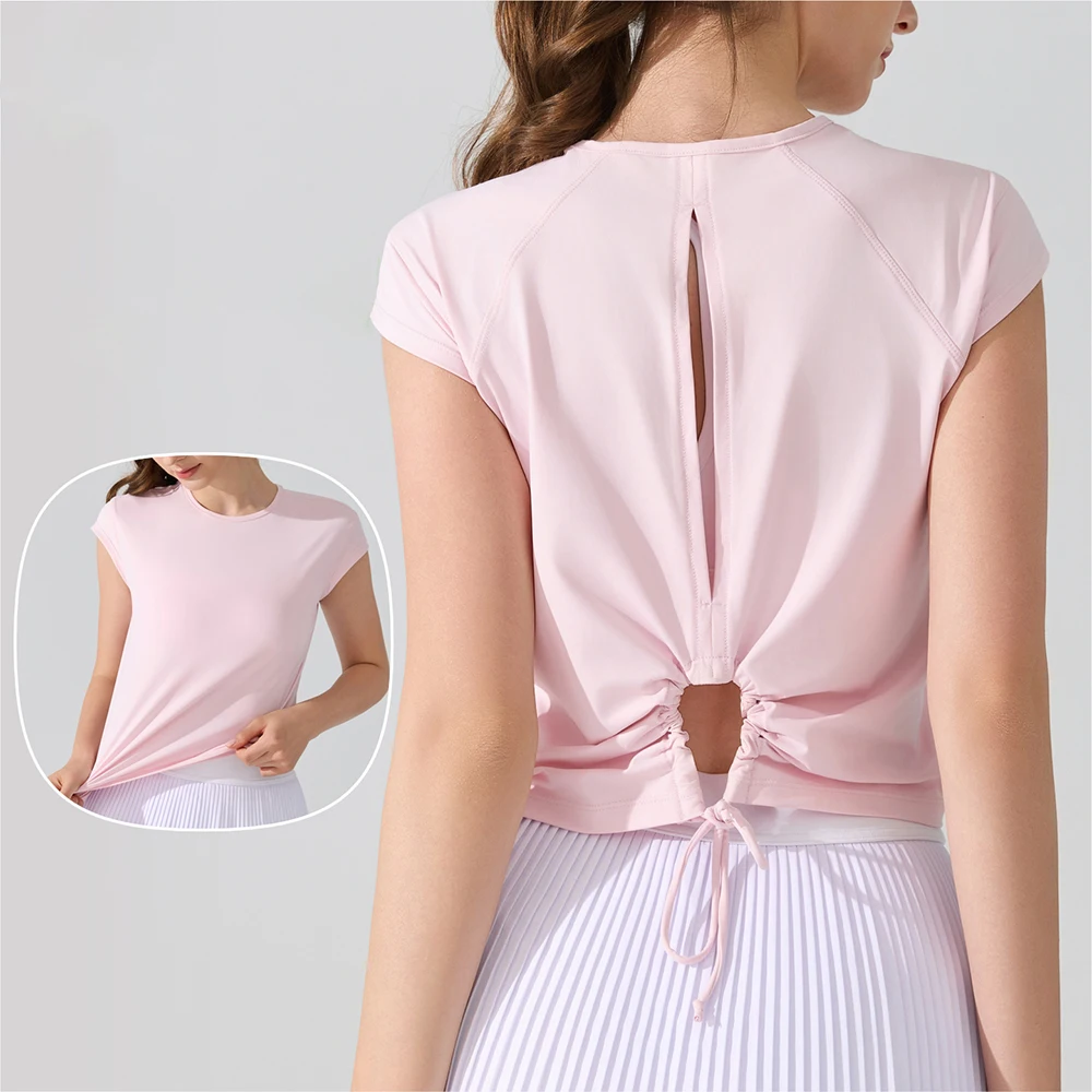 Женский спортивный топ, красивая футболка с короткими рукавами на спине, дышащая полая защита от солнца UPF50, спортивная одежда для бега, фитнеса, йоги