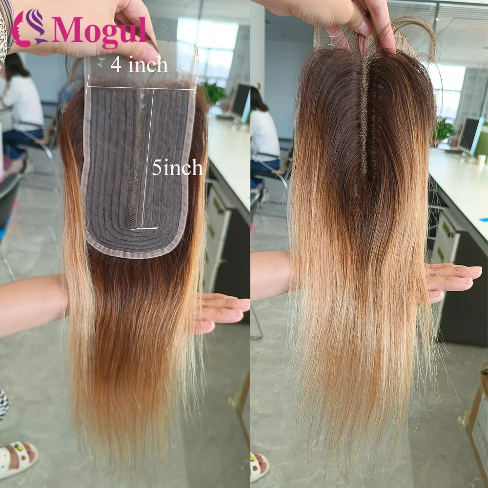 Ombre Blonde 4*5*1 T dentelle partie centrale dentelle transparente noir 4*1 dentelle fermeture 8-18 pouces cheveux raides Remy cheveux humains MOGUL HAIR