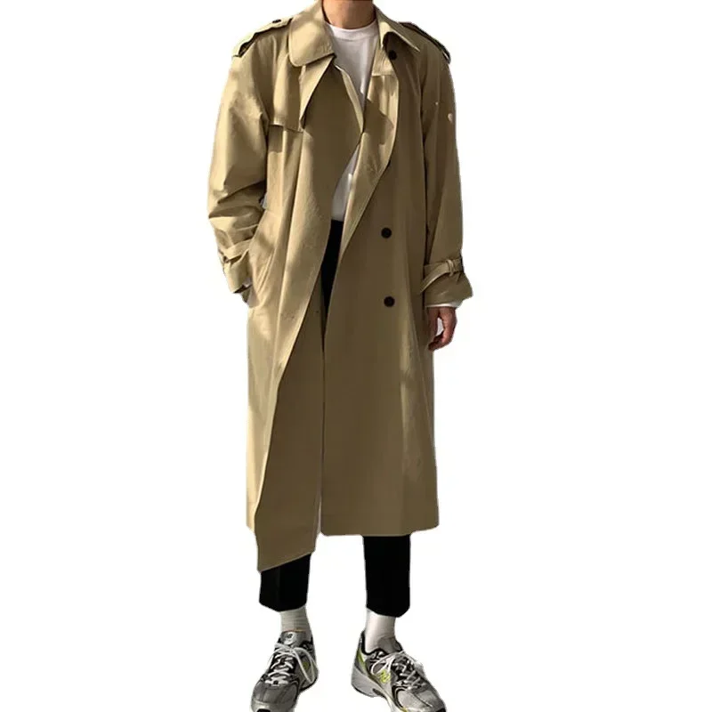 Koreaanse versie van effen kleur casual revers trenchcoat met dubbele rij knopen, heren lente en herfst nieuwe losse lange trenchcoat tij