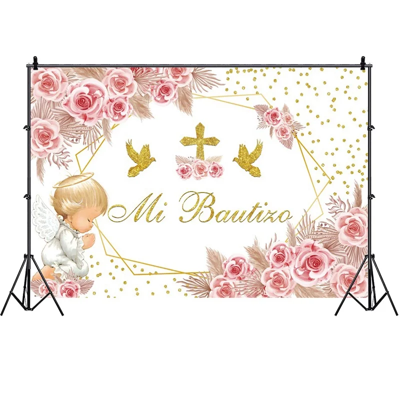 Il mio fondale per il battesimo Pampas Flower Wall God Bless You for Boy Girl Angel Decorazioni per il battesimo Sfondo fotografico della Boemia