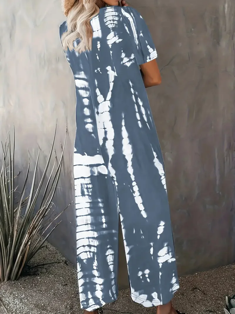 Plus Size Stripe Printed Round Neck Jumpsuit Casual Short Sleeve Loose Side Pocket Jumpsuit Women's Plus Size Clothing Summer