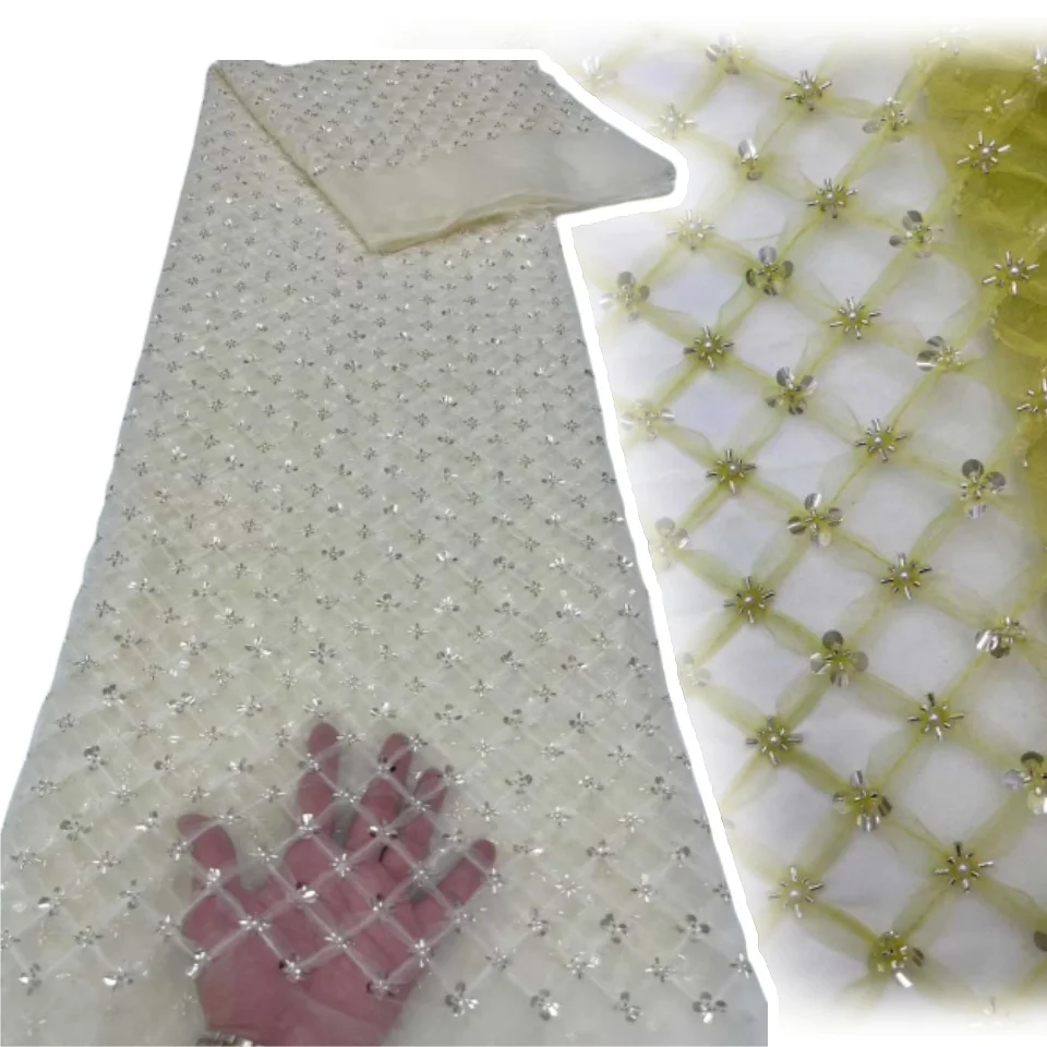 

Luxury African Lace Fabric 2025 High Quality Sequins Beads Lace Fabrics For Nigerian Wedding French Tulle Lace Fabric CC1114