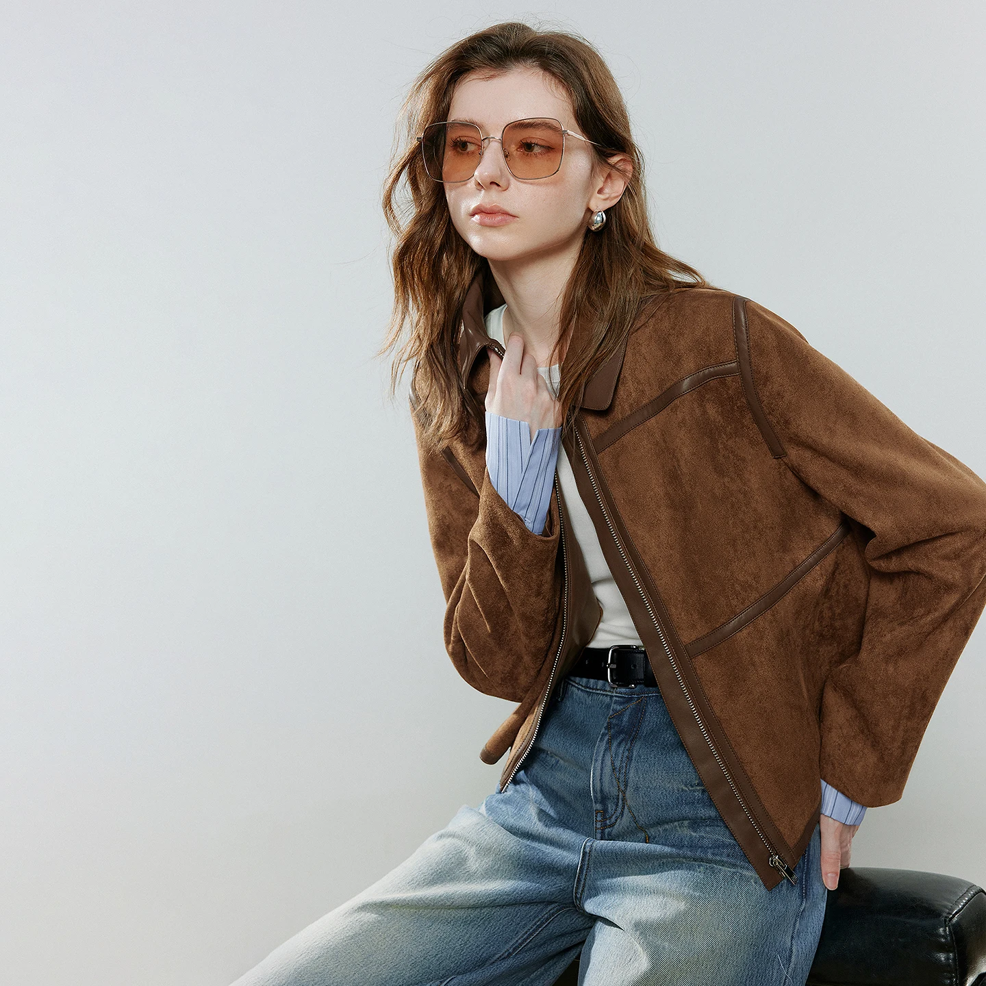 Women's Coffee Suede Jacket - Patchwork Shimmer Coat