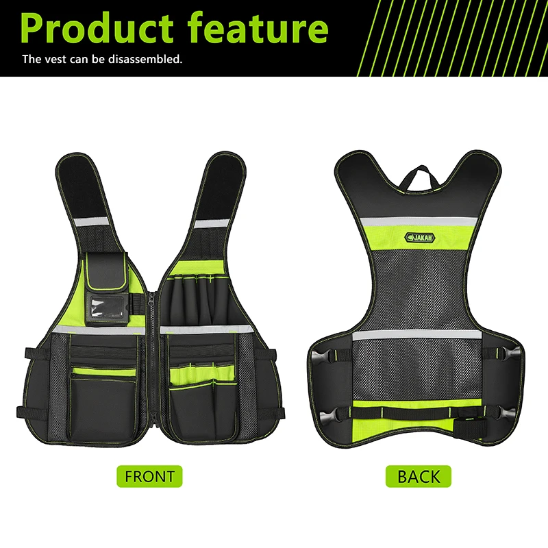 Workwear Allround-Werkzeugweste, Sicherheitsweste mit mehreren Taschen und Reißverschluss, robuste Werkzeugweste für Elektriker – Detail 6